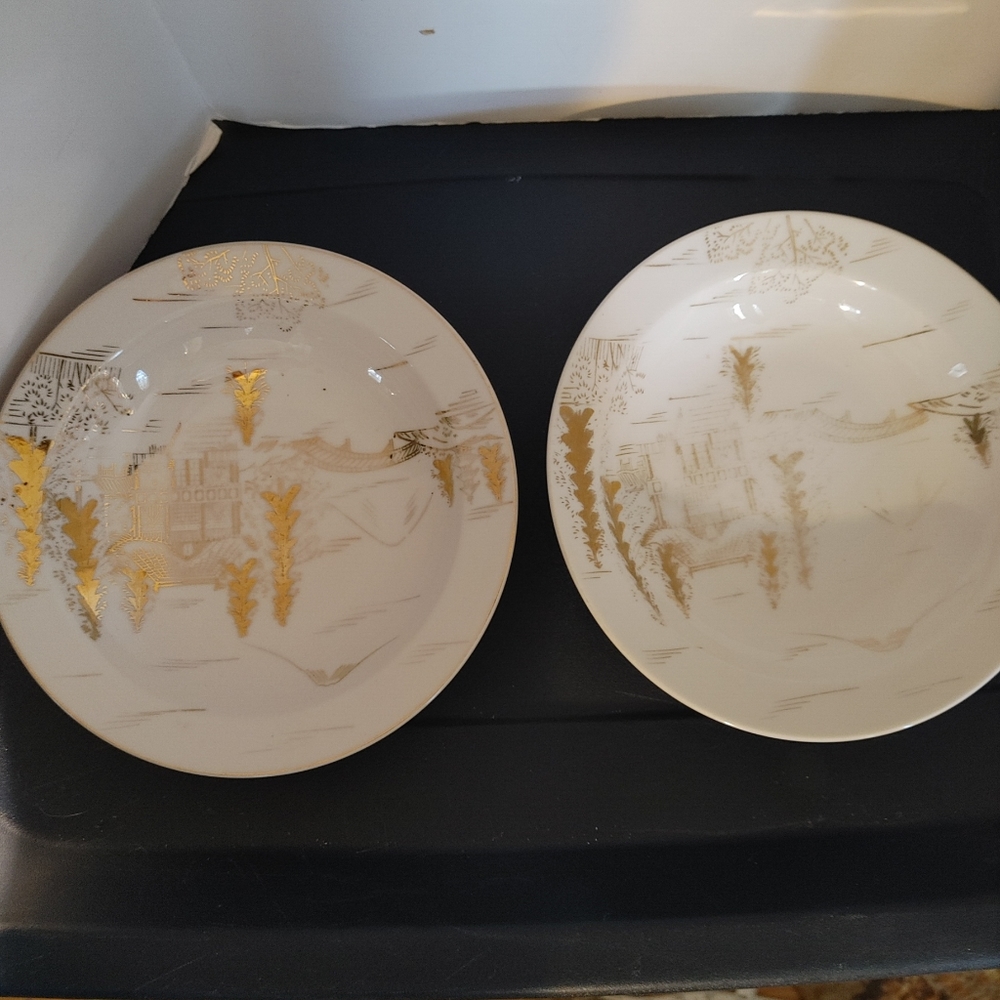 Vintage Kutani China Hand Painted 2 Soup Salad Bowl Gold Trim